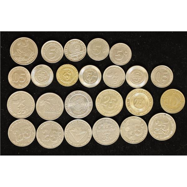 24 METAL CASINO TOKENS: 11-25 CENTS, 1-10 CENT,