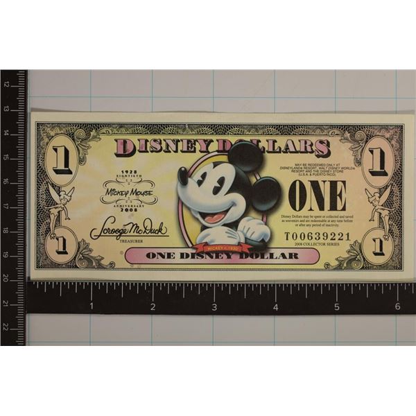 2008 1 DISNEY DOLLAR CRISP UNC COLORIZED BILL