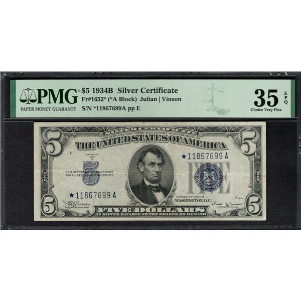 1934B $5 STAR Silver Certificate PMG 35EPQ