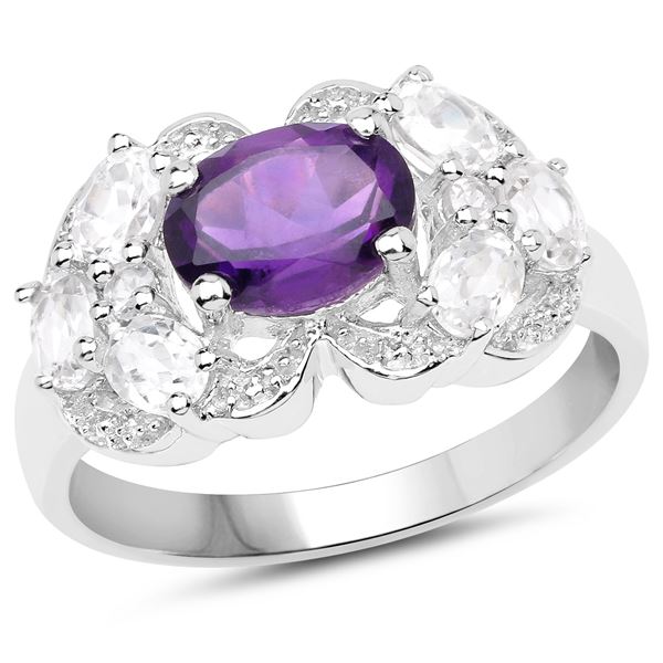 Plated Rhodium 1.15ct Amethyst and White Zircon Ring