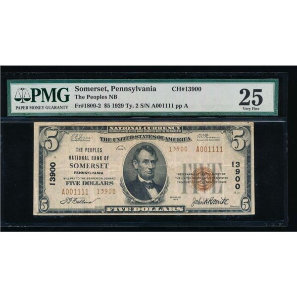 1929 $5 Somerset PA National Bank Note PMG 25