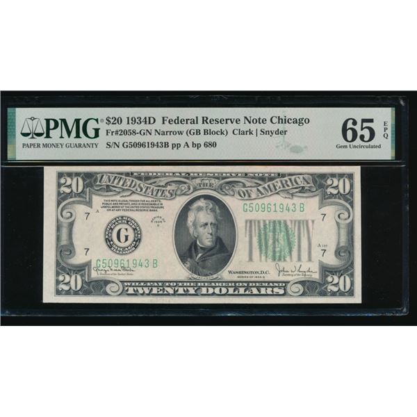 1934D $20 Chicago FRN PMG 65EPQ