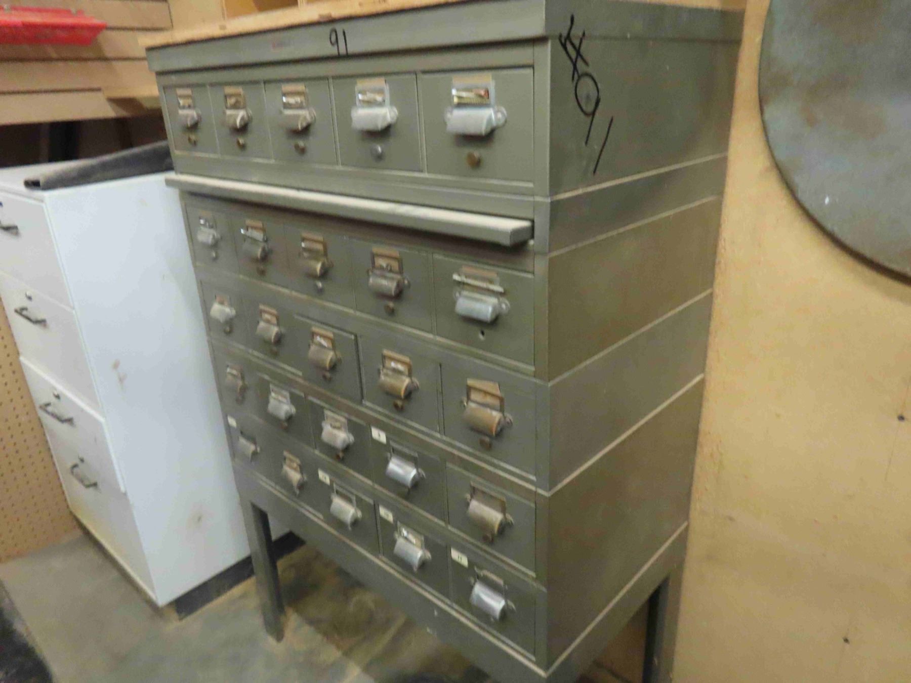 Metal Stacking 25 Drawer Index Cabinet Full of Various