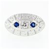 Image 1 : Vintage 14k White Gold 0.25 ctw Round Diamond & Sapphire Floral Oval Platter Rin