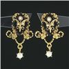 Vintage Victorian Revival 14k Gold Lozenge Black Onyx Pearl Drop Dangle Earrings