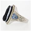 Image 6 : Antique Art Deco Men's 10k Gold Agate Double Cameo & Shield Cut Aquamarine Ring