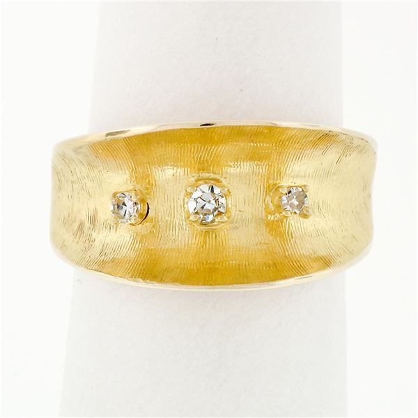 Vintage 14k Gold 3 Single Cut Diamond Wide Florentine Finished Concave Band Ring