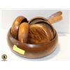 LARGE WOOD BOWL & 5 SMALL & SPOON & FORK