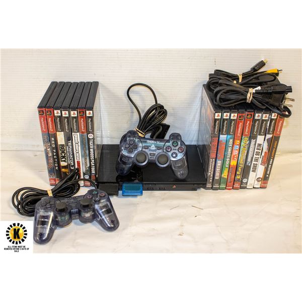 PS2 WITH 16 GAMES, 2 CONTROLLERS, 2 MEMORY CARDS,