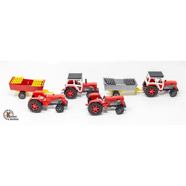 MAJORETTE LOT OF 4 FARM TRACTORS & 2 WAGONS 1/36