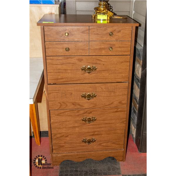 WOOD VENEER TALL BOY DRESSER 25  X 16  X 45 