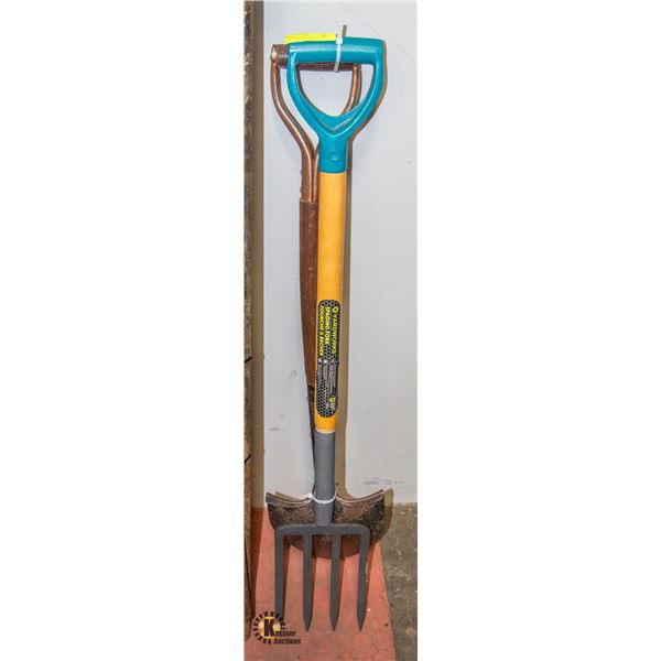 NEW YARDWORKS PITCH FORK + USED SPADE SHOVEL