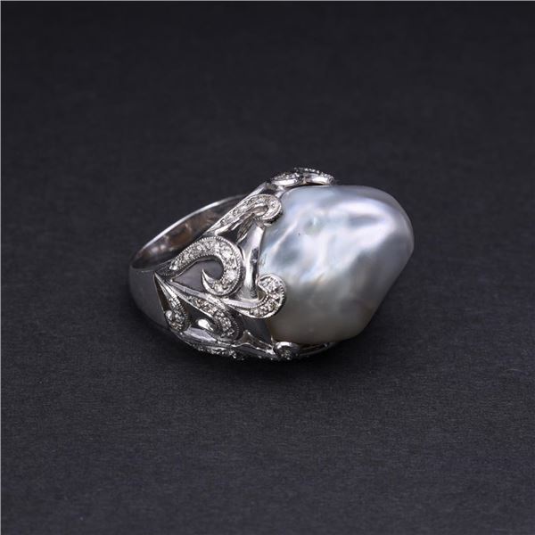 Large 18k White Gold Baroque Pearl & Diamond Ring by Victor Loo