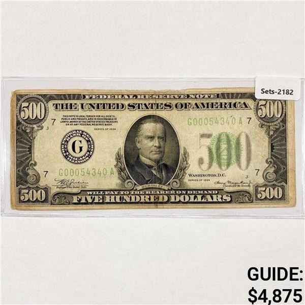 1934 $500 Five Hundred Dollar Fed. Reserve Note