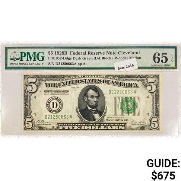 1928 B $5 Fed Reserve Note PMG GEM UNC 65