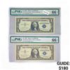 Image 1 : (2) 1957 $1 Silver Cert.'s PMG GEM UNC 66