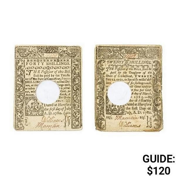 1780 CT Twenty & Forty Shilling Bank Notes (2 Item