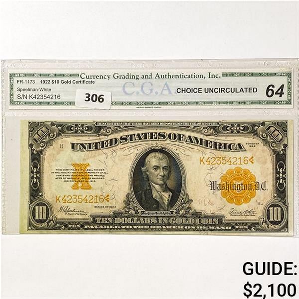 1922 US LG $10 Gold Cert. CGA Ch UNC64