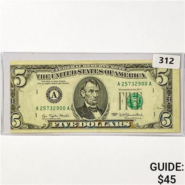 1977 US Error $5 Fed Res Note