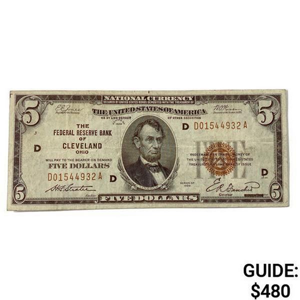 1929 US Bank of Cleveland, OH $5 Fed Res Note