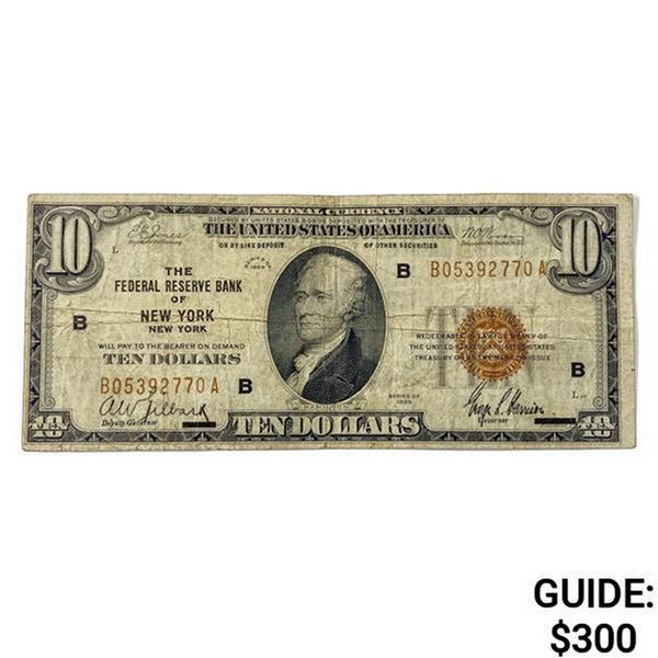 1929 US Bank of New York $10 Fed Res Note