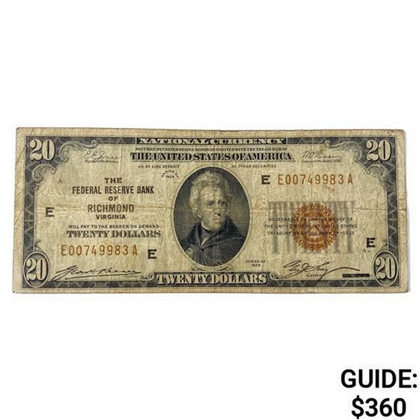 1929 US Bank of Richmond, VA $20 Fed Res Note