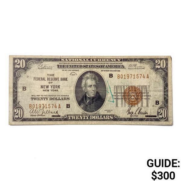 1929 B US Bank of New York $20 Fed Res Note