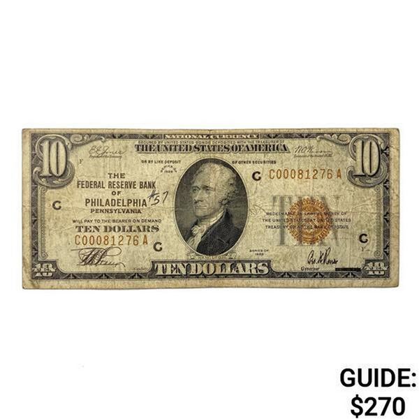 1929 B US Philadelphia Bank, PA $10 Fed Res Note