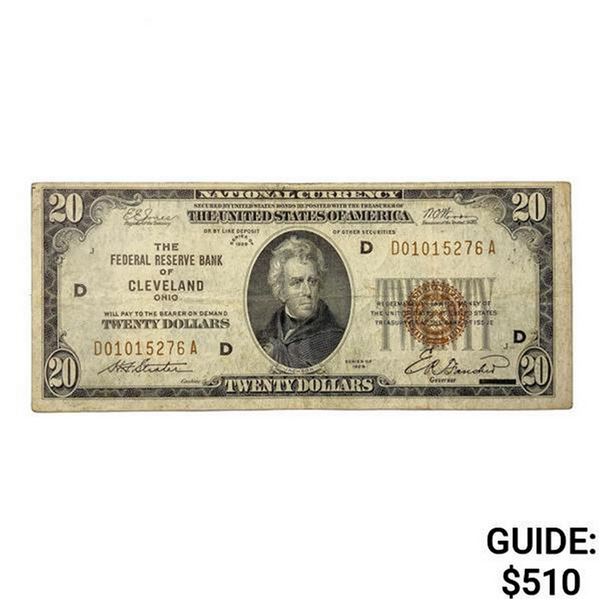 1929 D US Cleveland Bank, OH $20 Fed Res Note