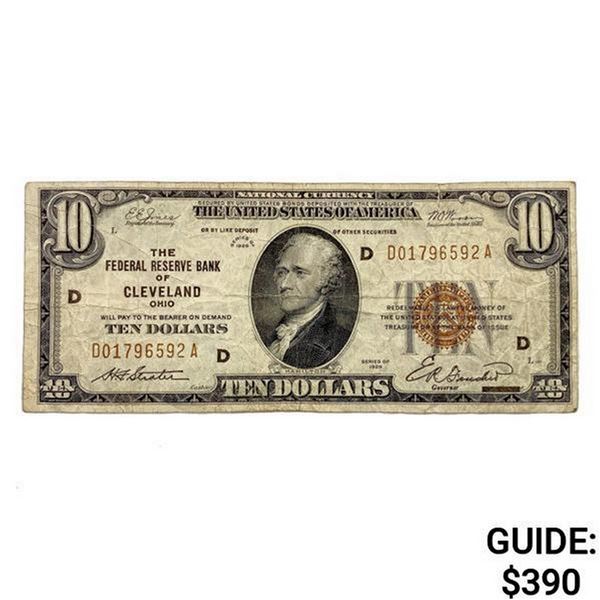 1929 D US Bank of Cleveland, OH $10 Fed Res Note