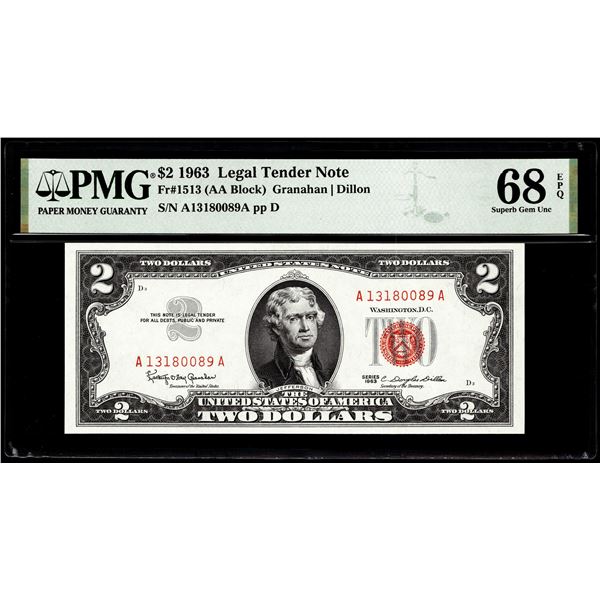 1963 $2 Legal Tender Note Fr.1513 PMG Superb Gem Uncirculated 68EPQ