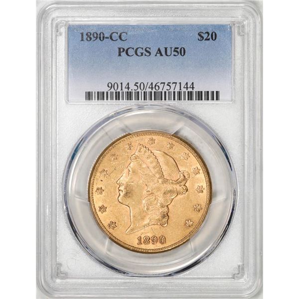 1890-CC $20 Liberty Head Double Eagle Gold Coin PCGS AU50