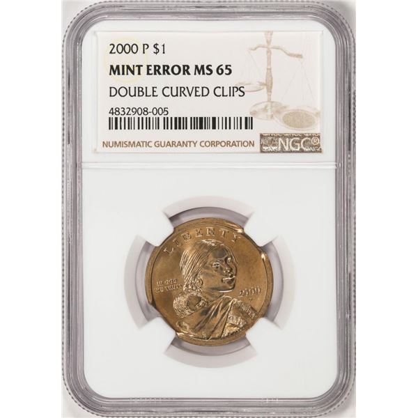2000-P $1 Sacagawea Dollar Coin Mint Error Double Curved Clips NGC MS65