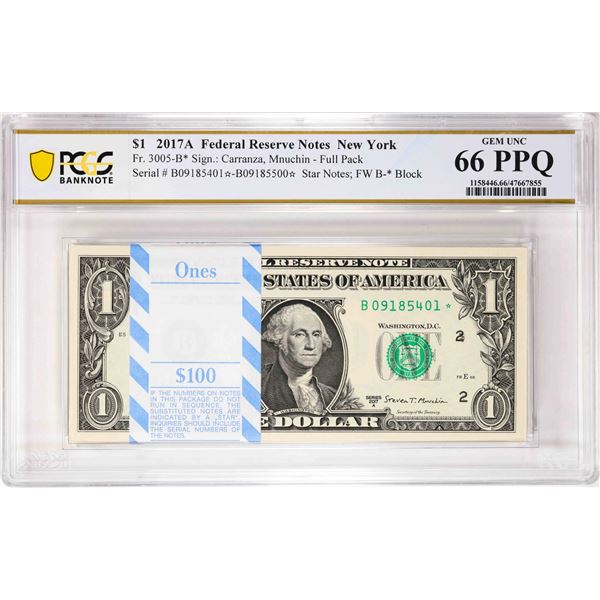 Pack of 2017A $1 Federal Reserve STAR Notes New York Fr.3005-B* PCGS Gem Unc 66PPQ