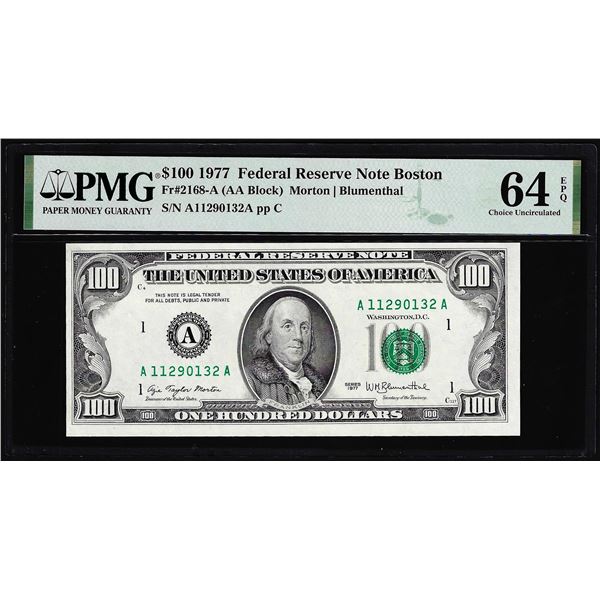 1977 $100 Federal Reserve Note Boston Fr.2168-A PMG Choice Uncirculated 64EPQ