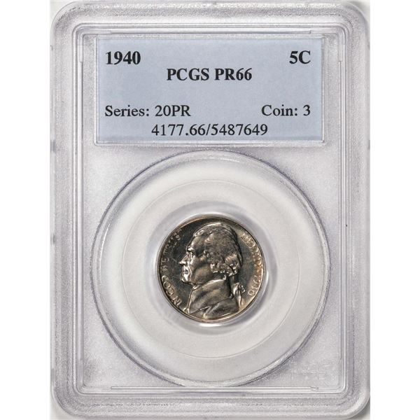 1940 Proof Jefferson Nickel Coin PCGS PR66