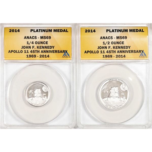 Set of 2014 Proof 1/4 oz & 1/2 oz Platinum JFK Apollo 11 Anniversary Medal ANACS MS69