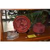 Image 1 : CHINESE RED CARVED CINNABAR PLATE, LANTERN & ALABASTER CIGARETTE HOLDER/ASHTRAY (3 PCS) (DOES NOT IN