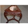 Image 1 : CHINESE TRIANGLE SIDE TABLE, OPENWORK PANELS W/PICTURE MARBLE TOP (13" X 18 1/2")