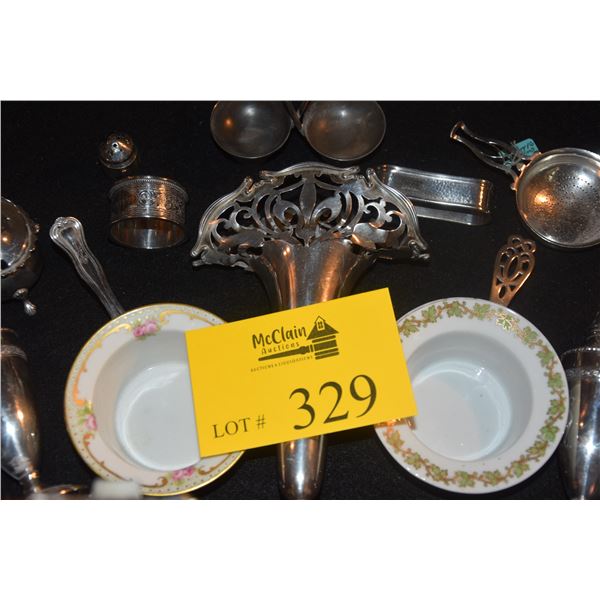 MIXED LOT OF STERLING: VASE, NAPKIN RINGS, TIFFANY TEA STRAINER, GUMPS SALT & PEPPER BOWL, RAMEKIN H