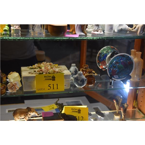 MIXED LOT: MINIATURE VASES, COVERED BOXES, SNUFF BOTTLE, PLATE, BOTTLE, PAPERWEIGHT, NAPKIN RING, ET