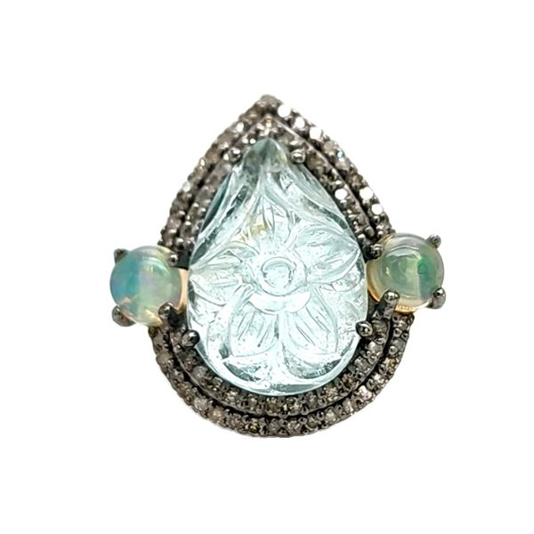 Carved Blue Topaz, Opal, and Diamond Halo Ring