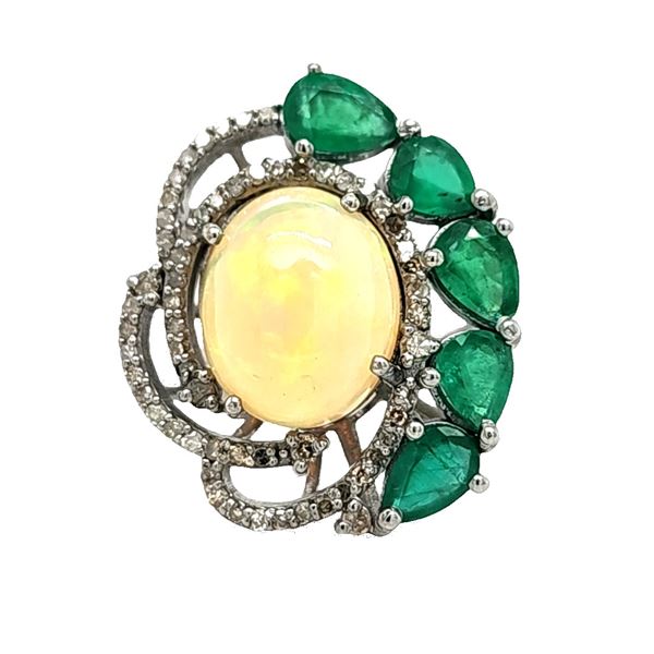 Opal Ring with Sweeping Emerald & Diamond Halo