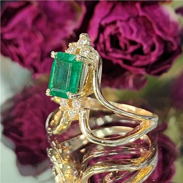 Emerald-Cut Emerald and Diamond Chevron Ring