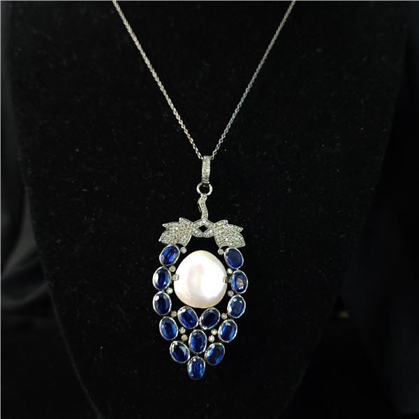 Blue Kyanite, Button Pearl, and Diamond Necklace