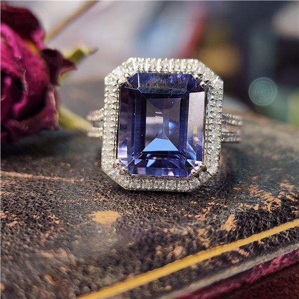 Classically Elegant Iolite and Diamond Halo Ring
