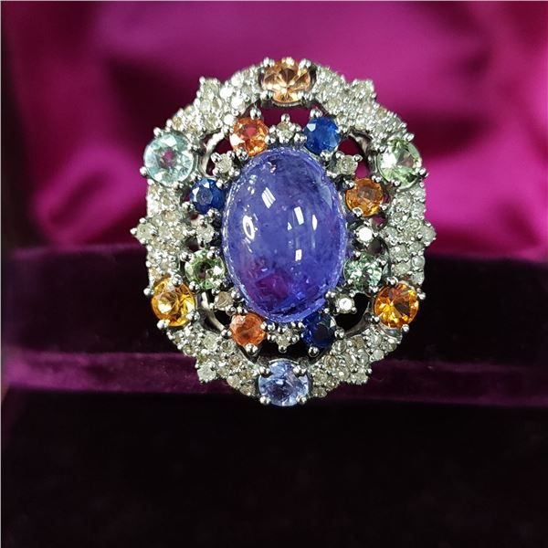 Dynamic Tanzanite, Fancy Sapphire, & Diamond Ring