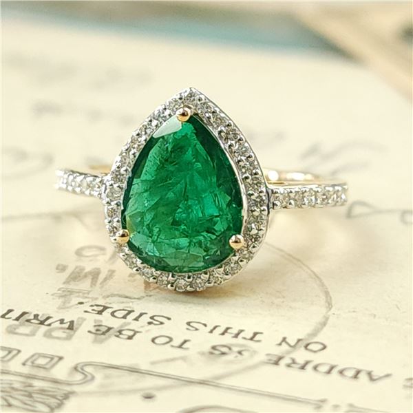 c---Pear-Cut Zambian Emerald and Diamond Halo Ring