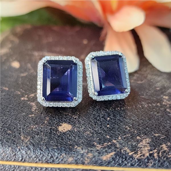 Octagonal-Cut Iolite and Diamond Halo Earrings