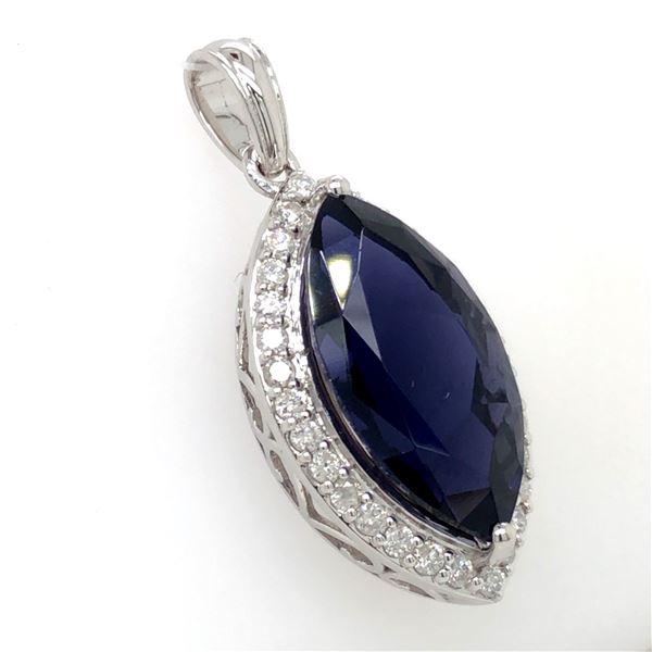 Intriguing Iolite and Diamond Halo Navette Pendant